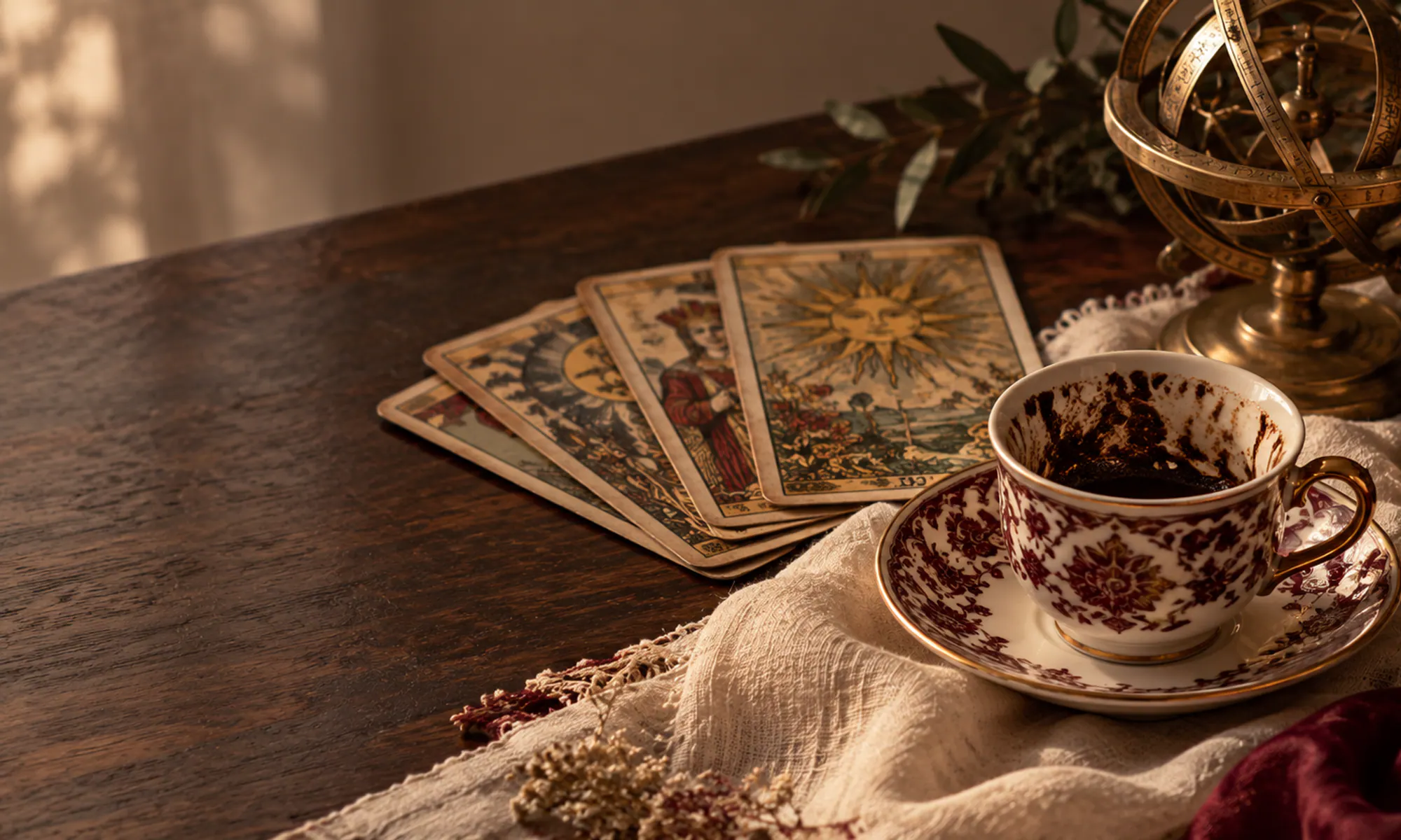 Türk kahvesi fincanı, tarot kartları ve pirinç gökyüzü küresiyle editoryal masa düzeni